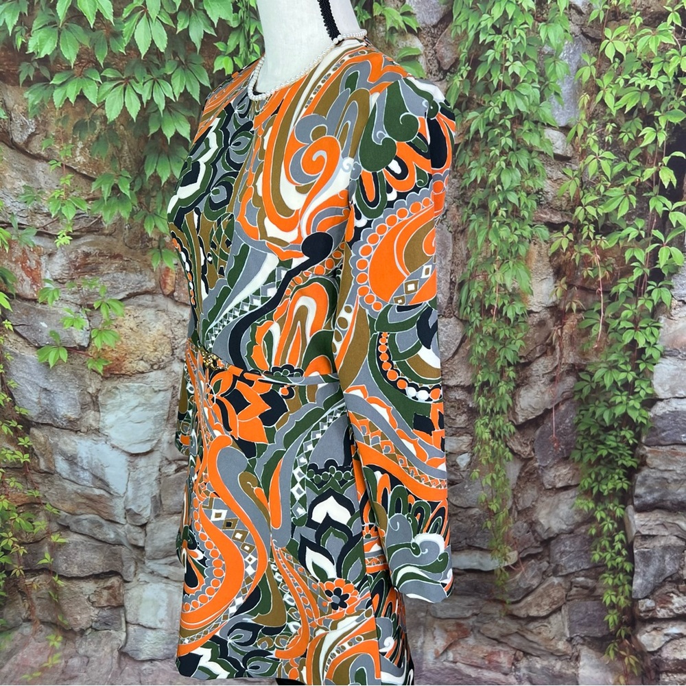ZARA Mod Floral Orange/Green/White Geometric Lightweight Scuba Mini Dress, S - Picture 6 of 12